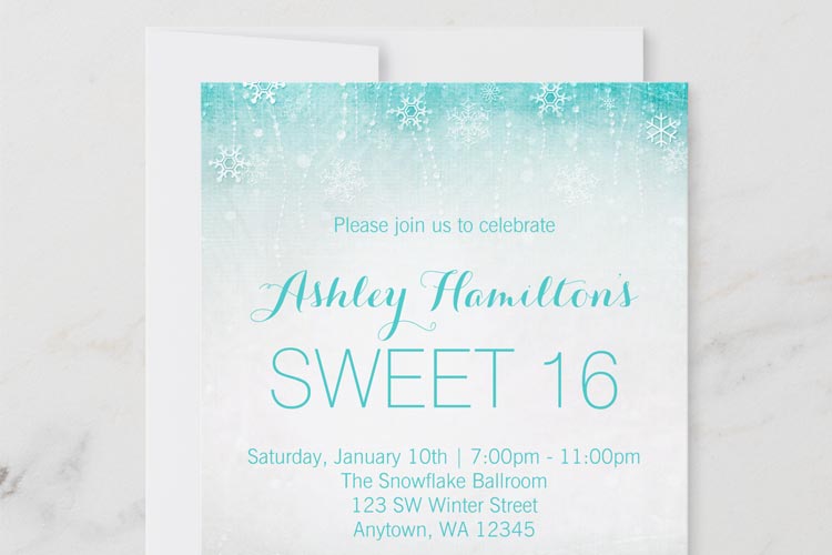 Teal sweet 16 winter wonderland invitations