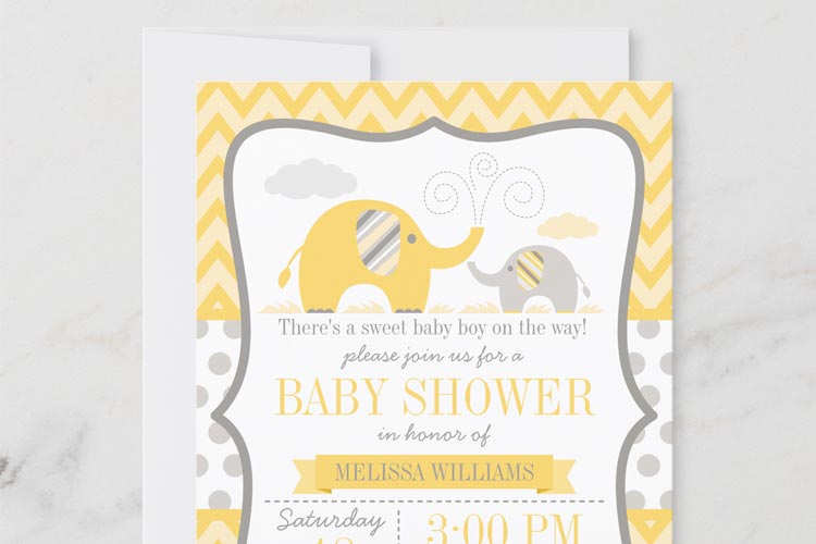 Yellow and gray elephant baby shower invitation