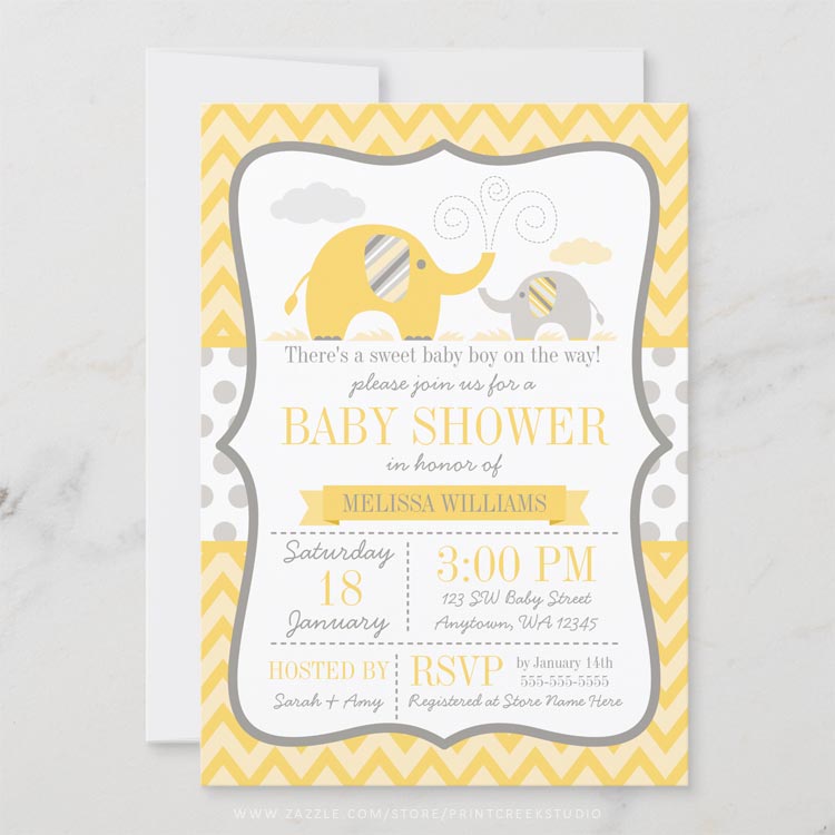 Mod Elephant Yellow Gray Baby Shower Invitation