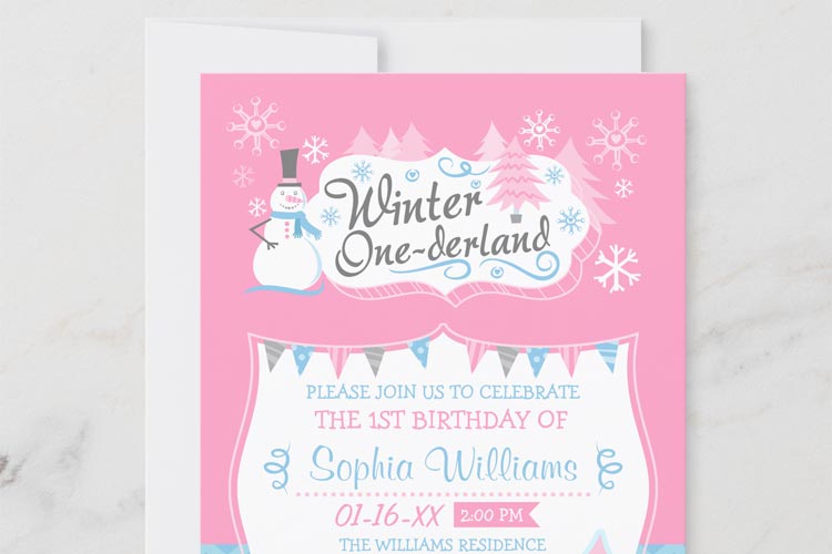 Pink Winter Onederland Snowman Birthday Invitaitons