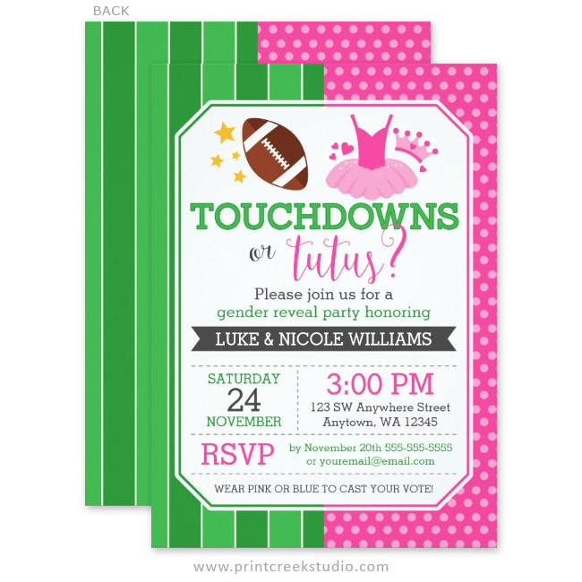 Touchdowns or Tutus Gender Reveal Party Invitations - Print Creek ...