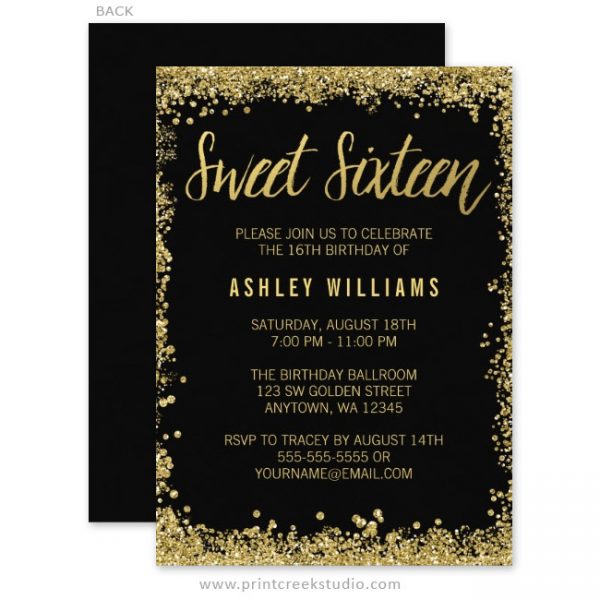 Sweet 16 Black and Gold Glitter Birthday Invitations - Print Creek ...