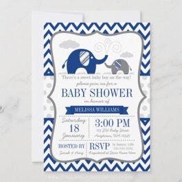 Navy Blue Gray Elephant Baby Shower Invitations