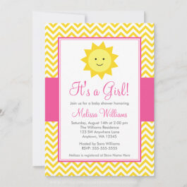 Pink Yellow Sunshine Chevron Girl Baby Shower Invitations