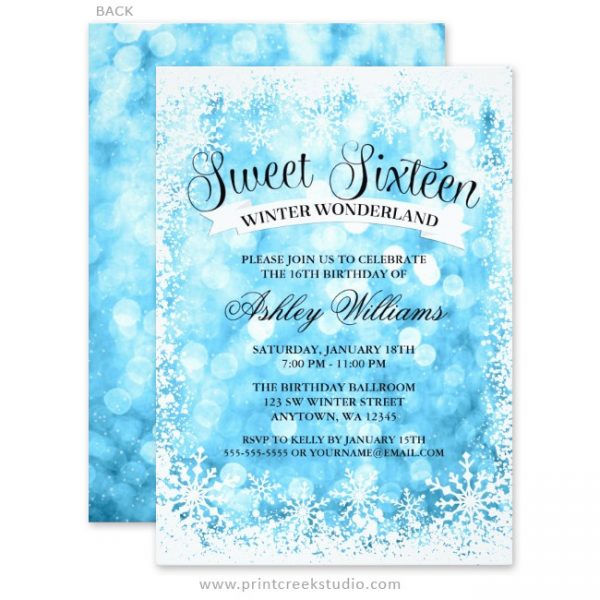 Sweet 16 Winter Wonderland Blue Glitter Lights Invitations - Print ...