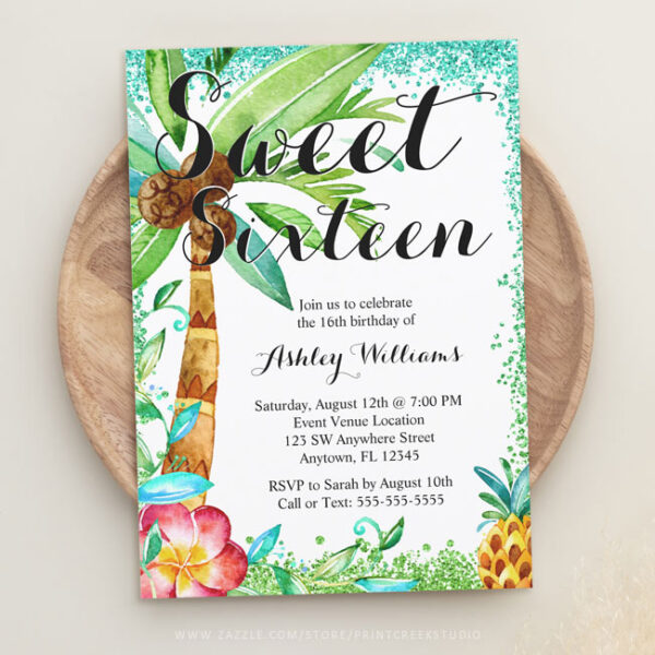 Tropical Luau Watercolor Faux Glitter Sweet 16 Invitations - Print ...