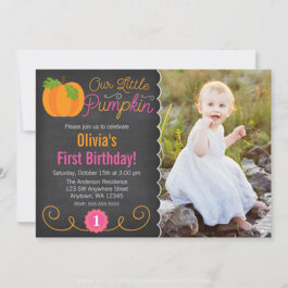 Chalkboard Little Pumpkin Pink Orange First Birthday Invitations