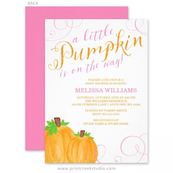 Watercolor Little Pumpkin Fall Girl Baby Shower Invitations - Print ...