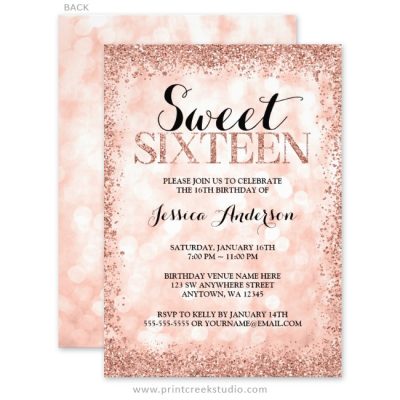 Rose Gold Faux Glitter Lights Sweet 16 Invitations - Print Creek Studio Inc