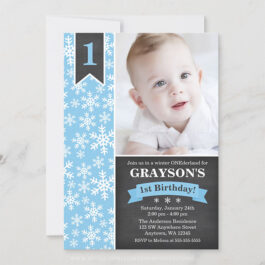 Winter Onederland Blue Boy 1st Birthday Invitations