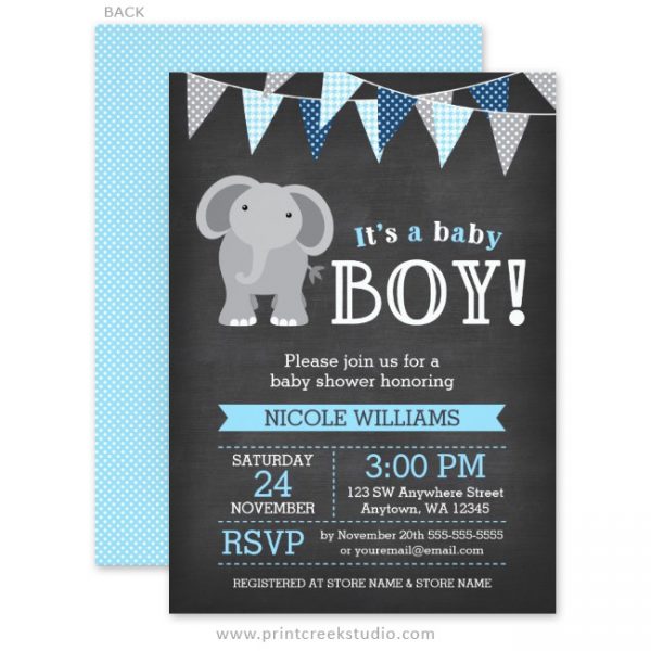 Chalkboard Elephant Boy Baby Shower Invitations - Print Creek Studio Inc