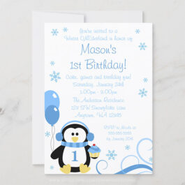 Penguin Cupcake Swirls Winter Onederland Blue Invitations