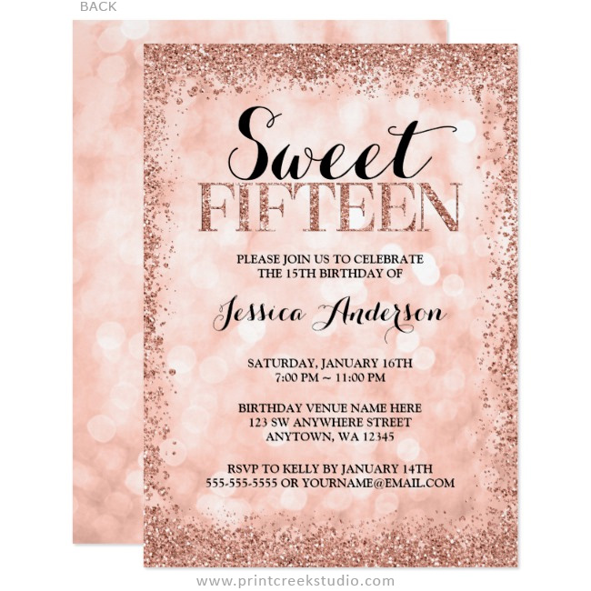 Rose Gold Faux Glitter Lights Sweet 15 Quinceanera Invitations Print