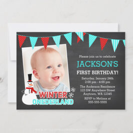 Winter Onederland Snowman Boy 1st Birthday Photo Invitations