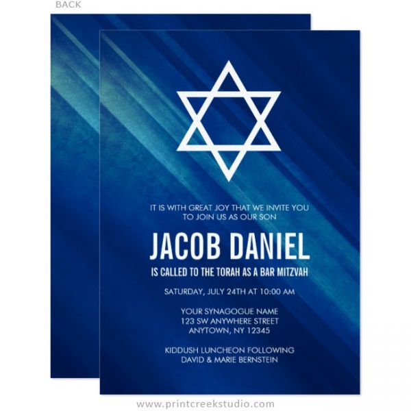 Modern Blue Grunge Bar Mitzvah Invitations - Print Creek Studio Inc