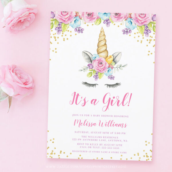 Watercolor Floral Unicorn Baby Shower Invitations - Print Creek Studio Inc