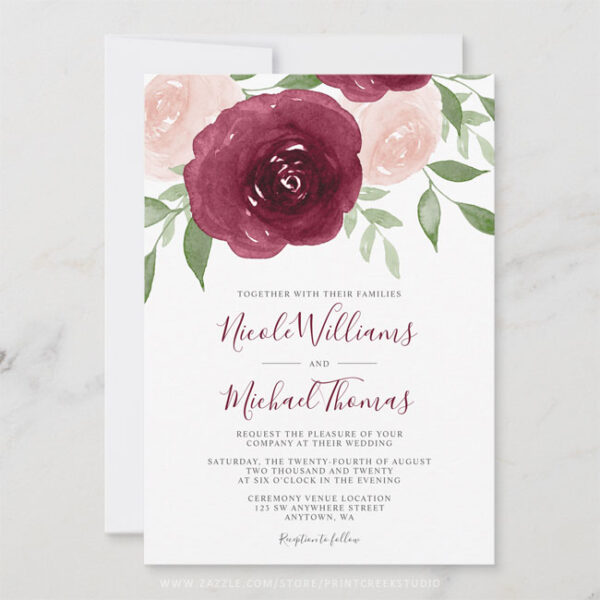 Burgundy Watercolor Floral Wedding Invitations - Print Creek Studio Inc