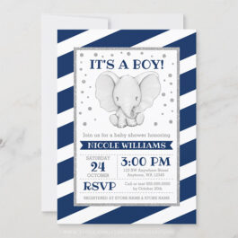 Elephant Navy Stripes Boy Baby Shower Invitations