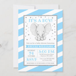 Elephant Blue Stripes Boy Baby Shower Invitations