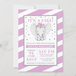 Elephant Purple Stripes Baby Shower Invitations