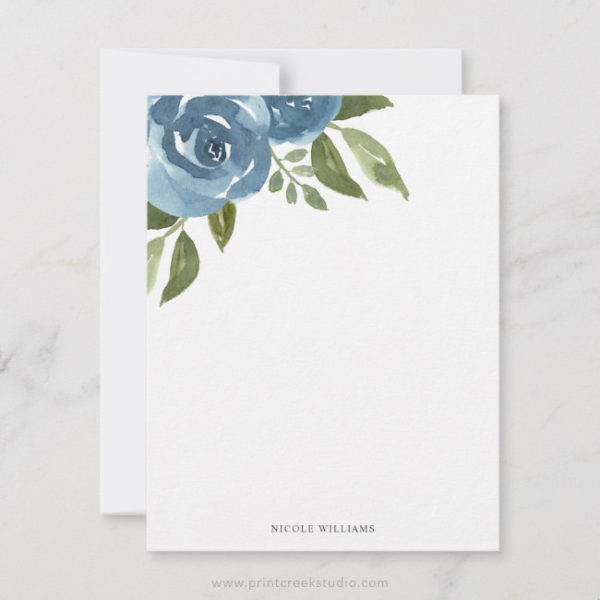 Dusty Blue Watercolor Floral Stationery Note Card - Print Creek Studio Inc