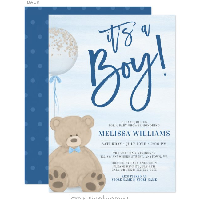 Boy Teddy Bear Blue Balloon Baby Shower Invitations - Print Creek ...