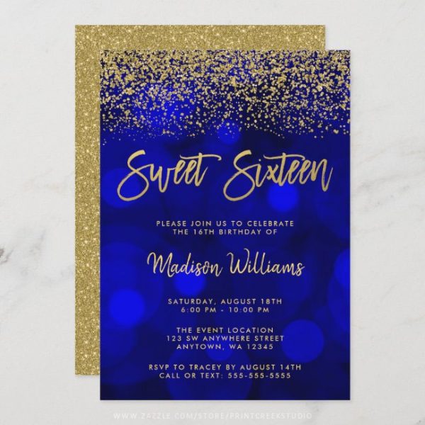 Modern Blue Bokeh Gold Glitter Sweet 16 Invitation - Print Creek Studio Inc