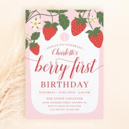 Cute Sweet Strawberry 1st Birthday Invitation Template