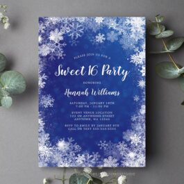 Navy Blue Snowflakes Winter Wonderland Sweet 16 Invitation