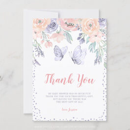 Pink Purple Floral Butterfly Girl Baby Shower Thank You Card