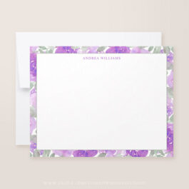 Purple Watercolor Floral Border Personalized Note Card