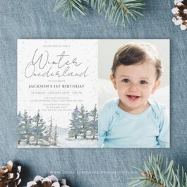 Snow Forest Winter Onederland Boy Birthday Photo Invitation