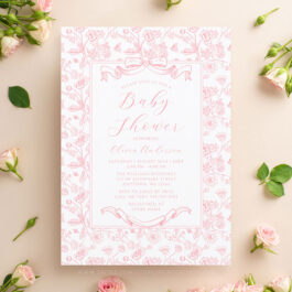 Elegant Pink Bow Vintage Floral Girl Baby Shower Invitation