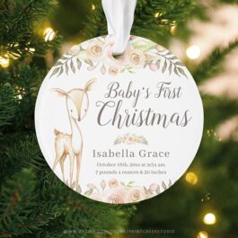 Watercolor Deer Baby's First Christmas Photo Ornament