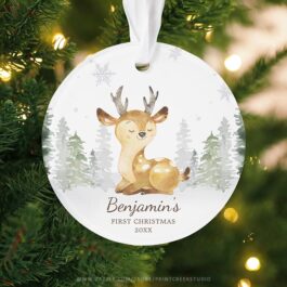 Watercolor Forest Deer Baby's First Christmas Ornament